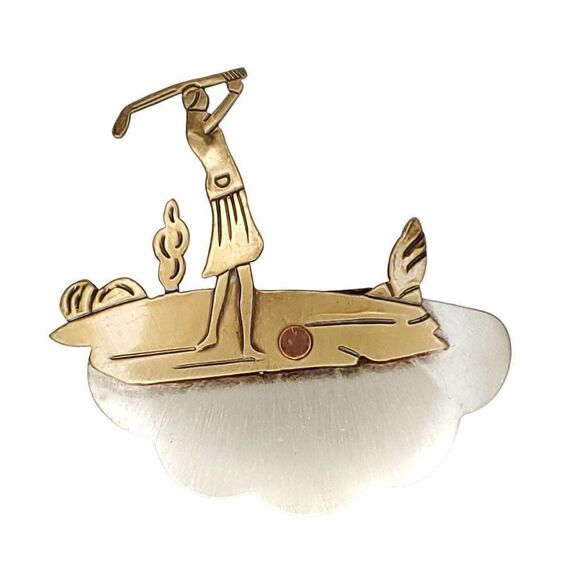 Vintage Woman Golfer Brooch Pin Golf Bronze Pewter Copper - Picture 1 of 2